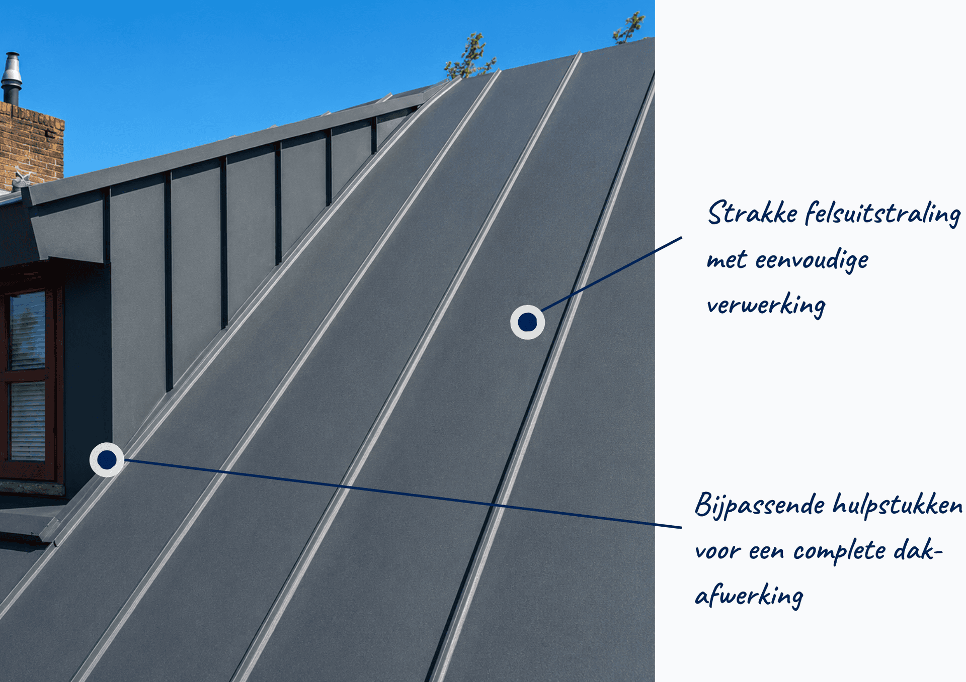 Daken met strakke felsuistraling en passende hulpstukken voor volledige afwerking.