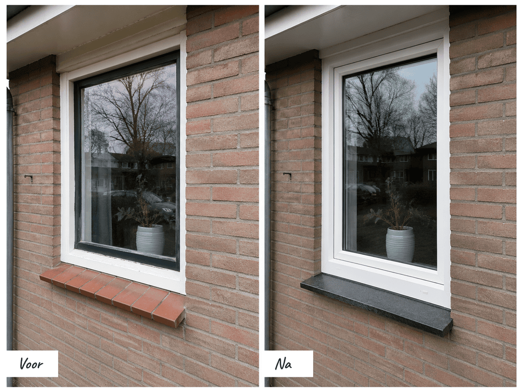 Vergelijking van een raam met en zonder nieuw kozijn en granietafwerking.